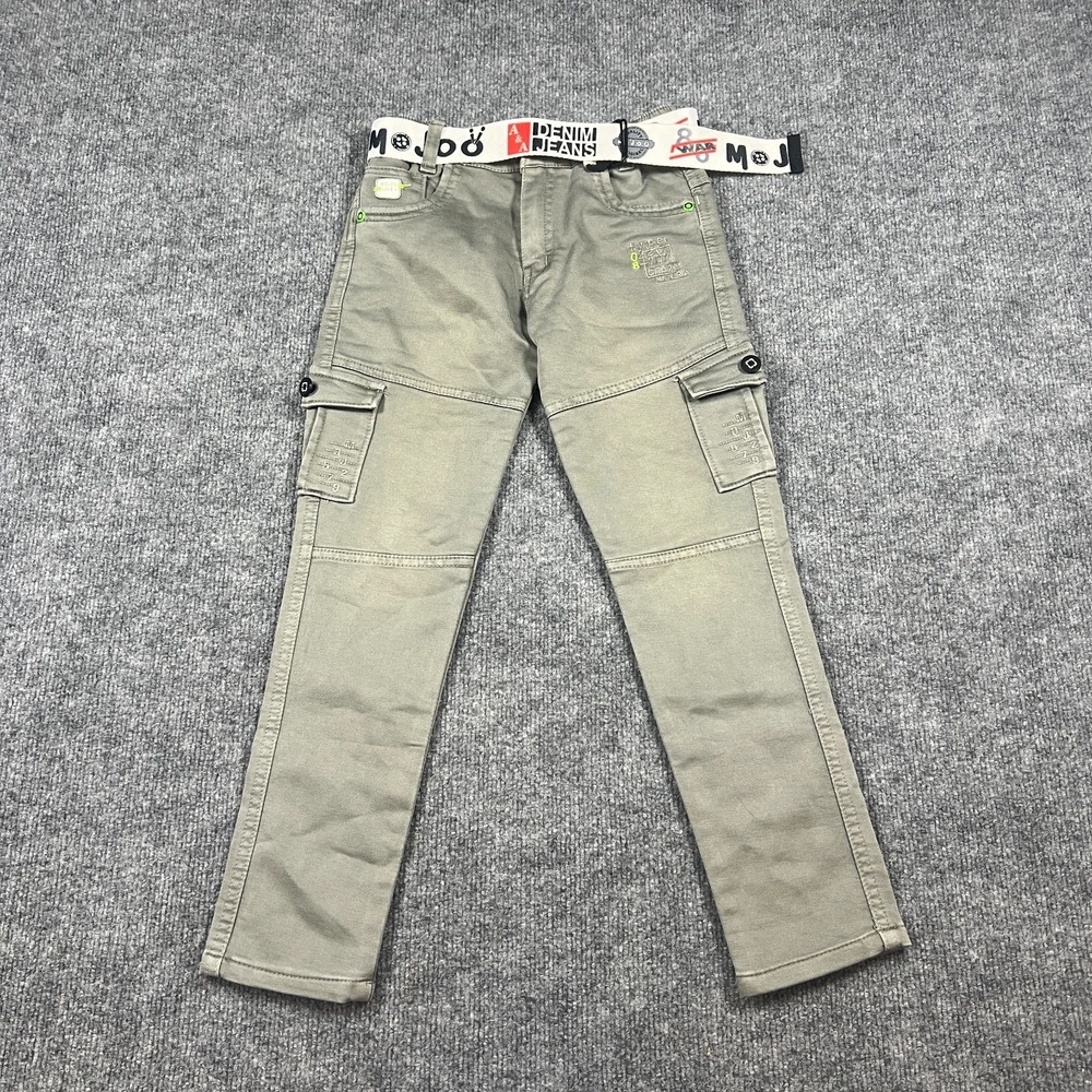 MoJou Utility Pants Boys 30 Gray Cargo Pockets Skinny Leg Belted Elastic Waist